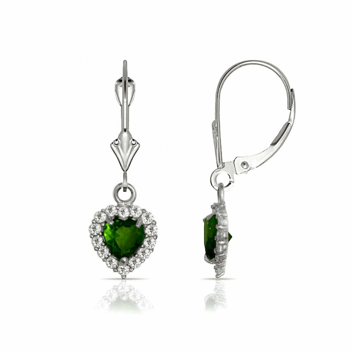 14K White Gold White Sapphire & Emerald Halo Heart Dangle Lever Back Earrings