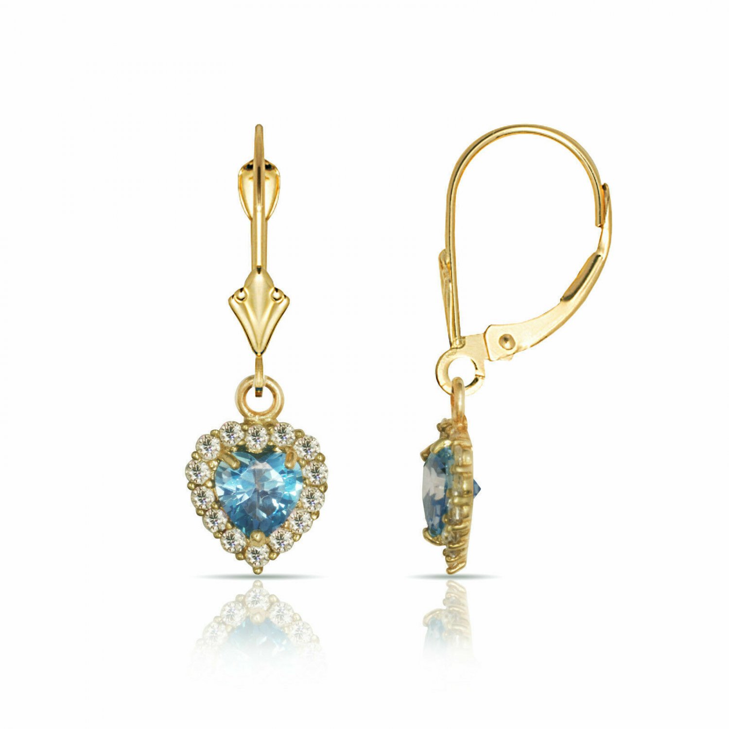 14K Yellow Gold White Sapphire & Topaz Halo Heart Dangle Lever Back Earrings