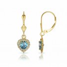 14K Yellow Gold White Sapphire & Topaz Halo Heart Dangle Lever Back Earrings