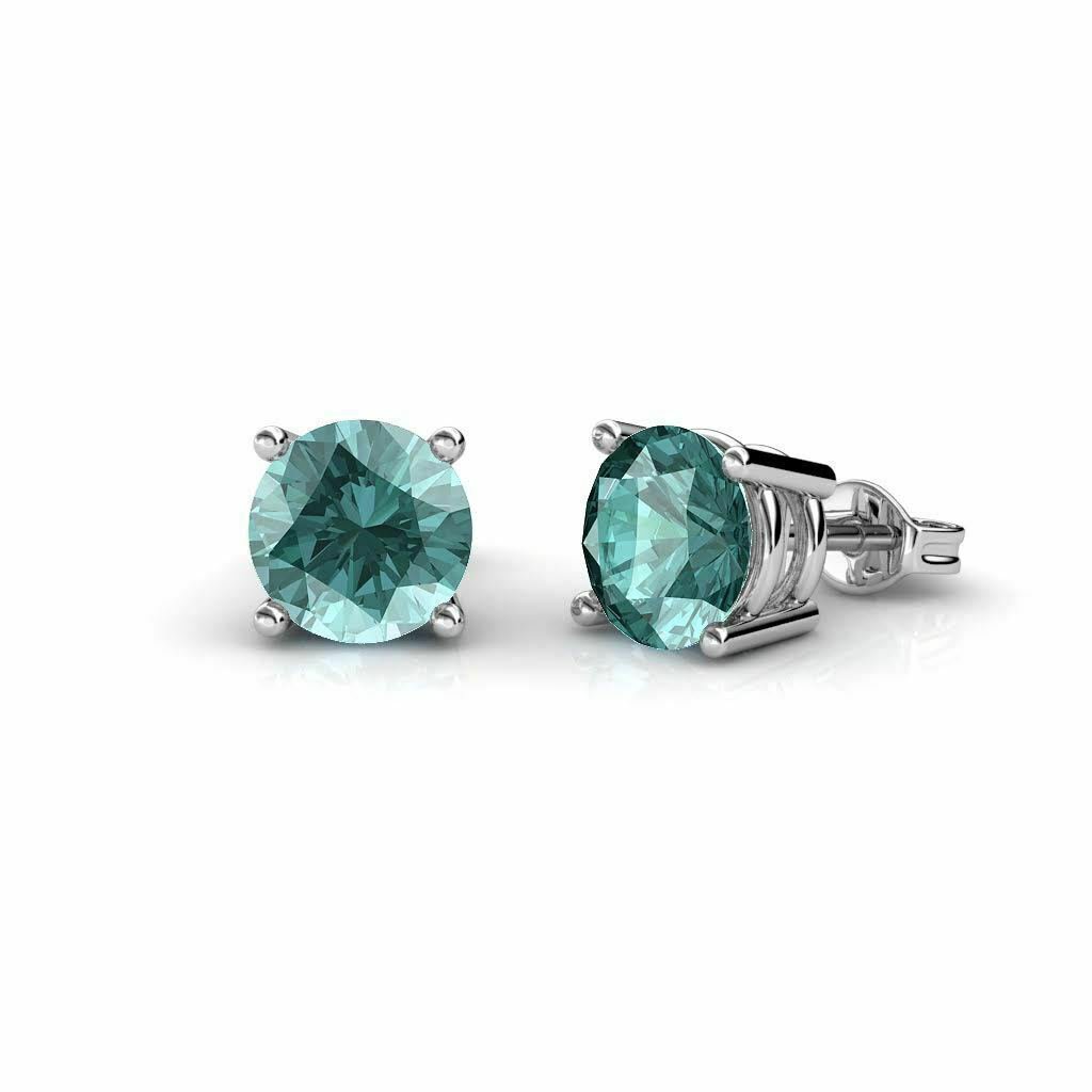 14K White Gold 1CT Blue Enhanced Diamond SI-I1  Basket Solitaire Stud Earring