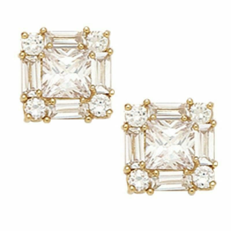14K Yellow Gold 9MM Square Cut Prong Set Cubic Zircon Studs