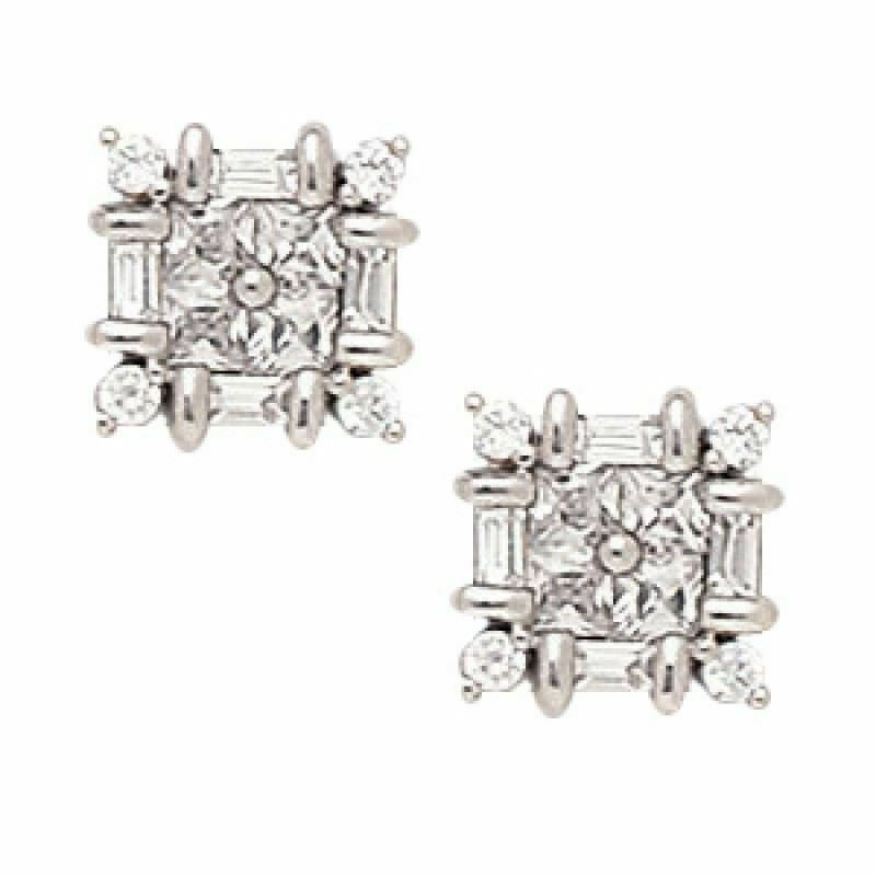 14K White Gold 9MM Square Cut Prong Set Cubic Zircon Studs