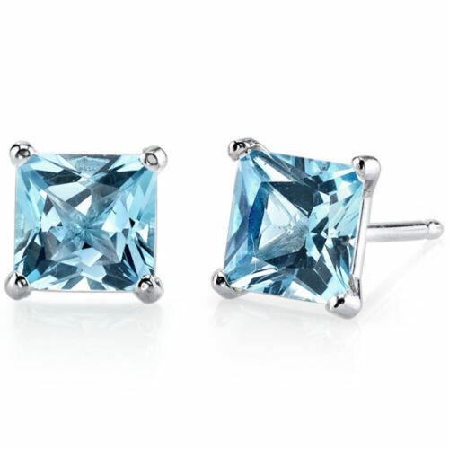 14k White Gold Princess Cut Swiss Blue Topaz Gemstone Stud Earrings