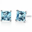 14k White Gold Princess Cut Swiss Blue Topaz Gemstone Stud Earrings