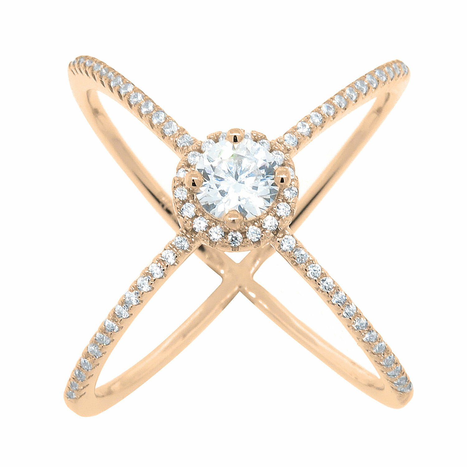 14K Rose Pink Gold 925 Sterling Silver Cubic Zirconia Criss Cross X Ring SIZE 6