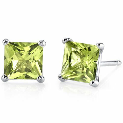 14K White Gold Princess Cut Green Amethyst Gemstone Stud Earrings