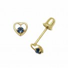 14K Yellow Gold  Baby Girl Blue Sapphire Birthstone Heart Shape Stud Earrings