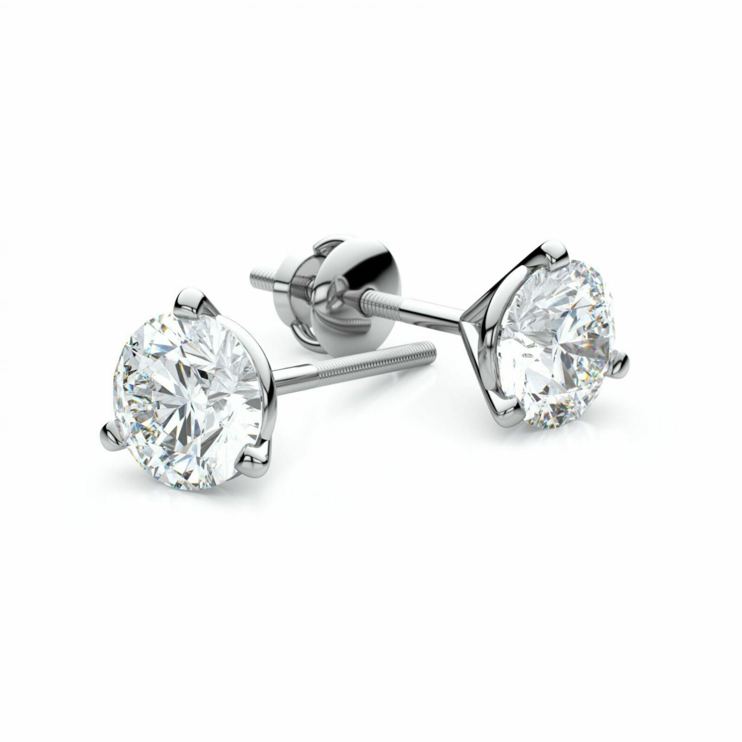 14K White Gold 0.33 CT 3 Prong Martini Round Diamond Stud Earrings