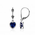 14K Solid White Gold 6MM Bezel Set Sapphire Heart Leverback Dangle Earrings