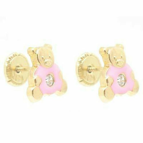 14K Yellow Gold Baby Children Teddy Bear Enamel Pink w/ Crystal  Earrings