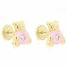 14K Yellow Gold Baby Children Teddy Bear Enamel Pink w/ Crystal  Earrings