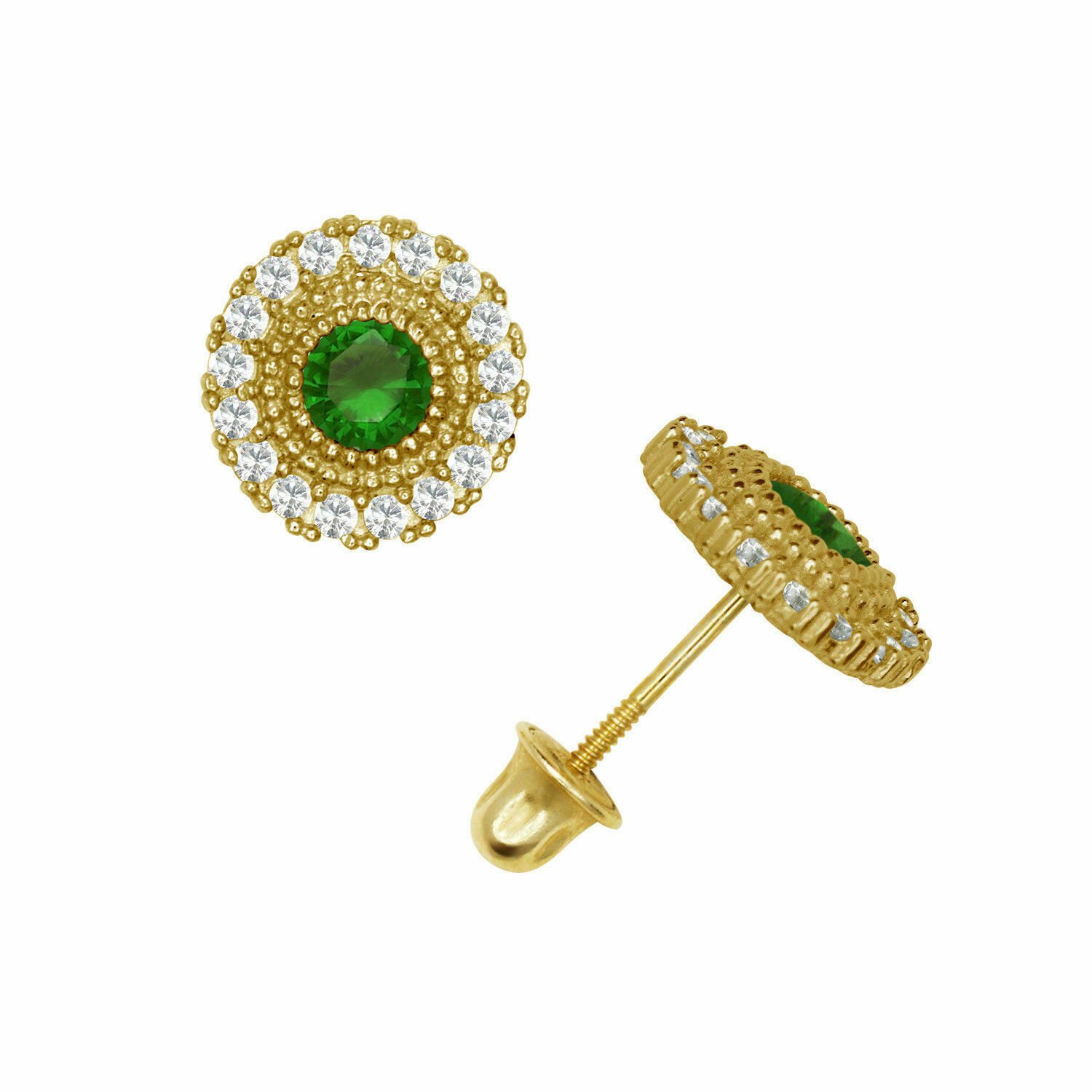 14K Yellow Gold Brilliant Round Cut Halo Emerald  Screw Back Stud Earrings