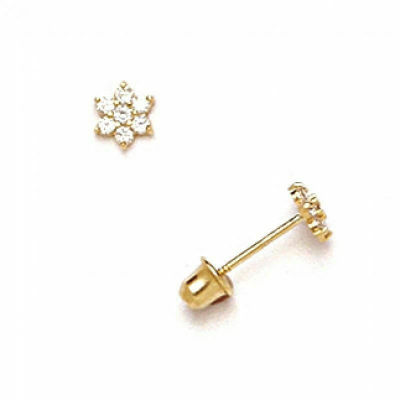 14K Solid Yellow Gold 4MM Cubic Zircon Flower Screw Back  Earrings