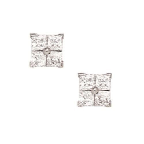 14K Solid White Gold 6MM Square Cut Prong Set Cubic Zircon Studs ER-PEW12