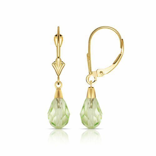 14K Yellow Gold  Tear Drop Shaped Light Peridot Dangle Drop Leverback Earrings