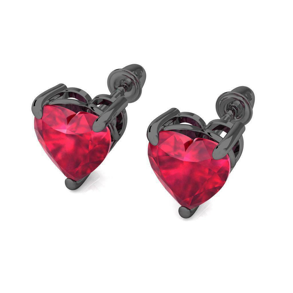 14K Black Gold 5MM Simulated Solitaire Ruby Heart Screw Back Stud Earrings
