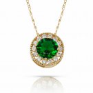 14K Y GOLD 1.90TC 20" White Sapphire & Emerald Round Halo Charm Pendant & Chain
