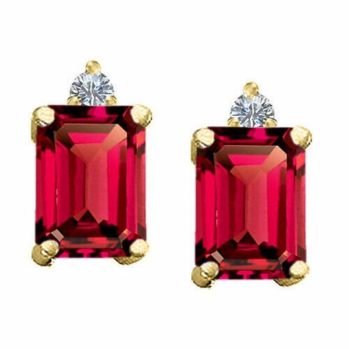 Women's 3.49CT 14K Gold Plated 925 Silver Ruby Emerald Shape Stud Earrings 8x6mm
