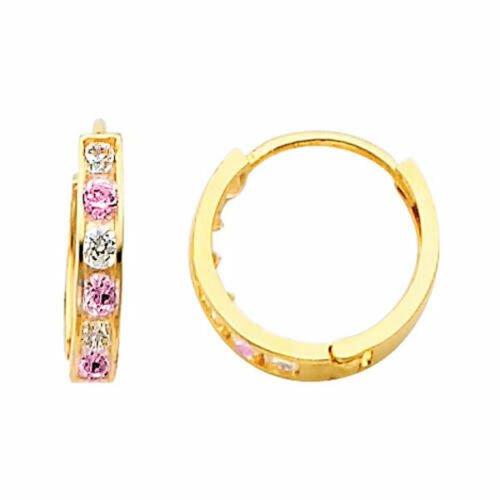 14K Yellow Gold 6-Stone 3X15 Channel Set Pink & White Sapphire Huggies Earrings