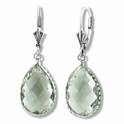 14K WG Stylish  Plated Natural Green Amethyst Dangling Pear Drop Leverback