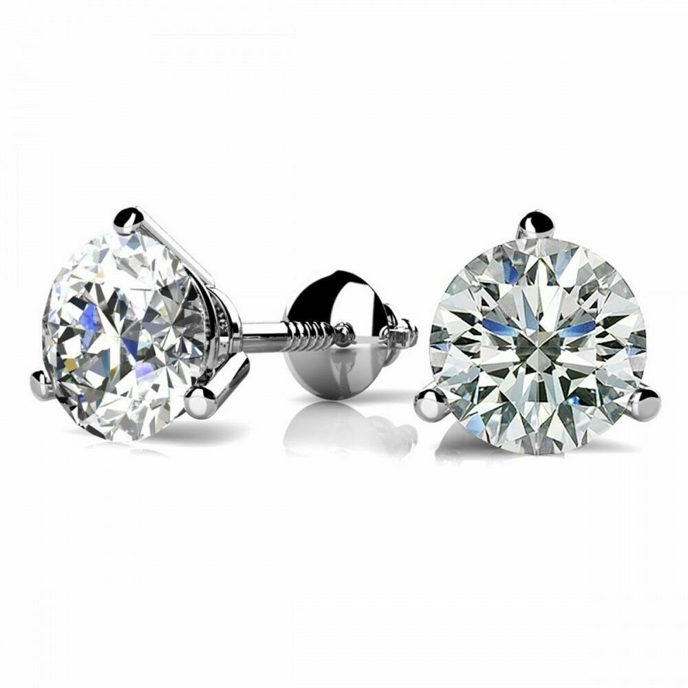 14K White Gold 2.75CT Round Solid Brilliant Cut Marini Screw Back Stud Earrings