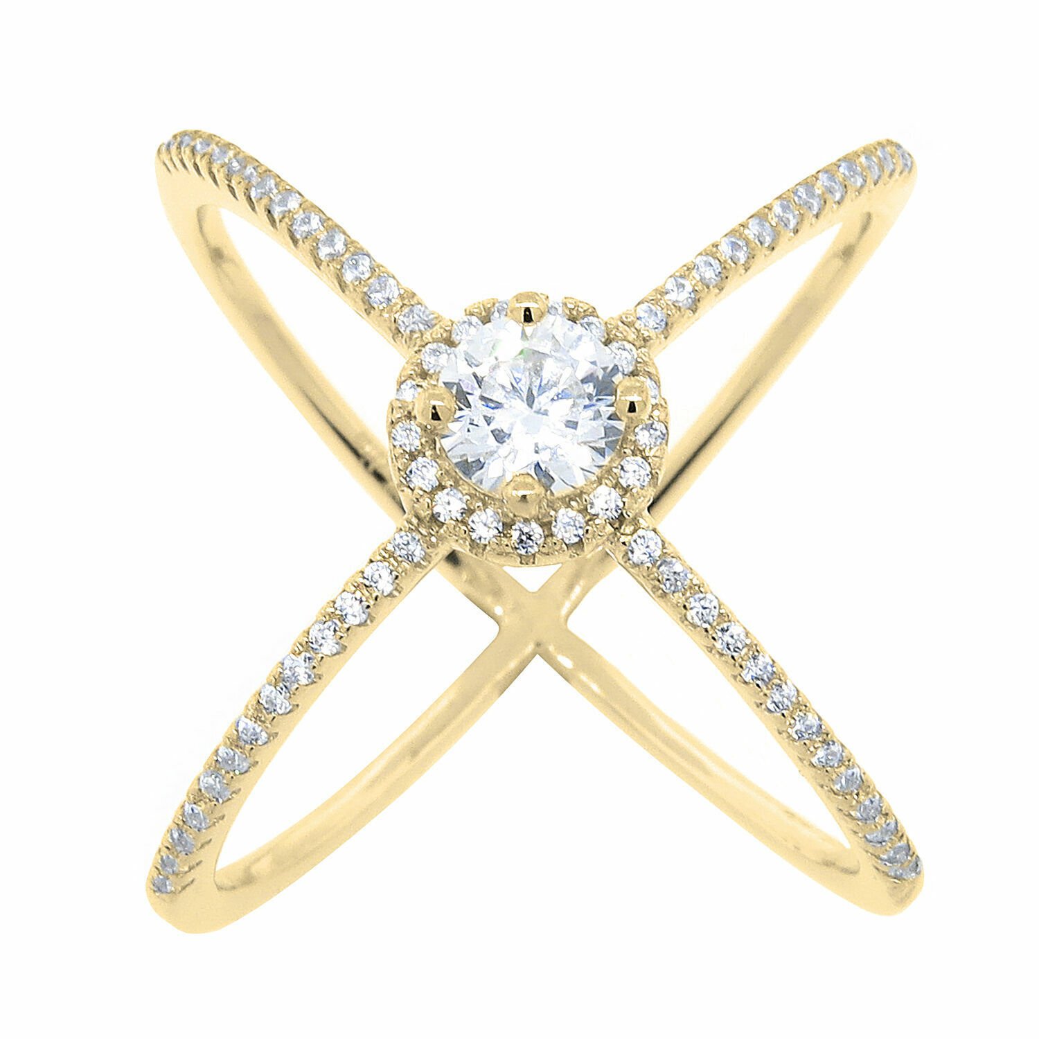 14K YellowGold 925 Sterling SIZE 9 Silver XRing Criss Cross Ring Cubic Zirconia
