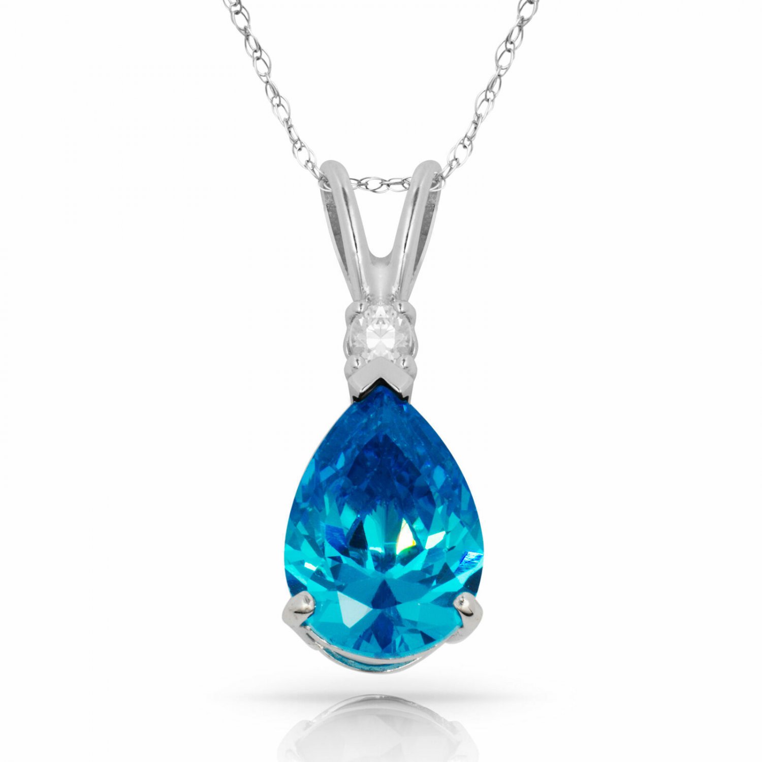 14K WhiteGold 3.05 CT Blue Topaz Pear Shape 2 Stone Gemstone Pendant & Necklace