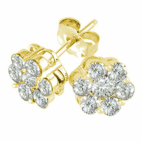 14K YELLOW GOLD 2CT Round White Simulated Sapphire Cluster Push Back Earrings