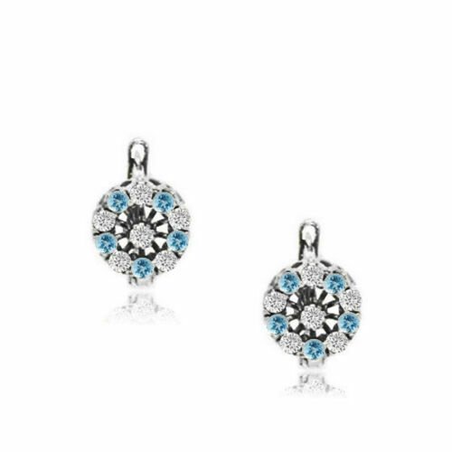 14K WG Plated 925 Sterling Silver MARCH Birthstone Halo Leverback Earrings