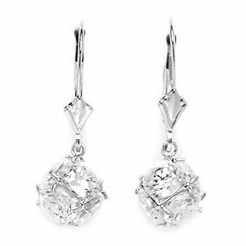 14K White Gold White Sapphire Large Disco Ball Drop Lever Back Earrings
