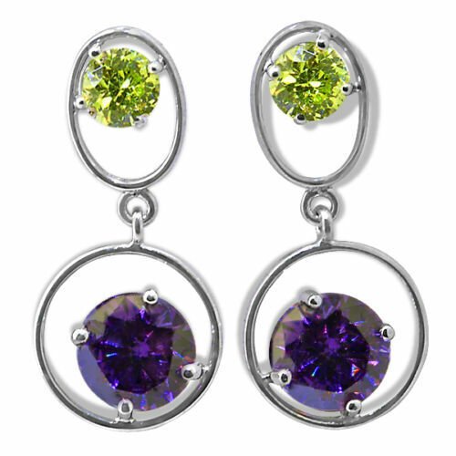 14KWG Plated Silver 2.50CT Women Fancy Round Peridot Amethyst Dangling Earrings