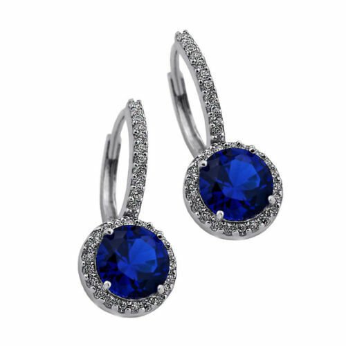 925 STERLING SILVER 2.49 CT STUNNING HALO DROP BLUE SAPPHIRE EARRINGS