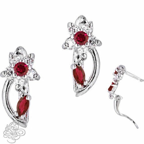 14K White Gold Ladies Stylish JULY Birthstone Flower Huggie Earrings