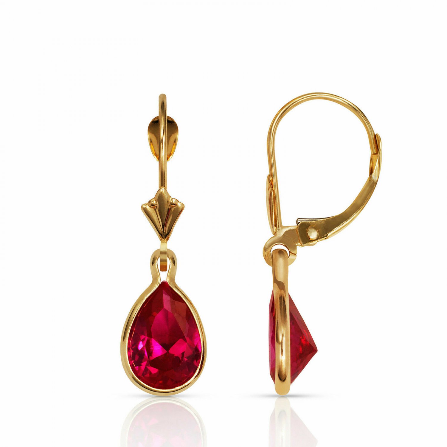 14K Yellow Gold 2.00CT Bezel Set Pear Shaped Ruby Lever Back Dangle Earrings