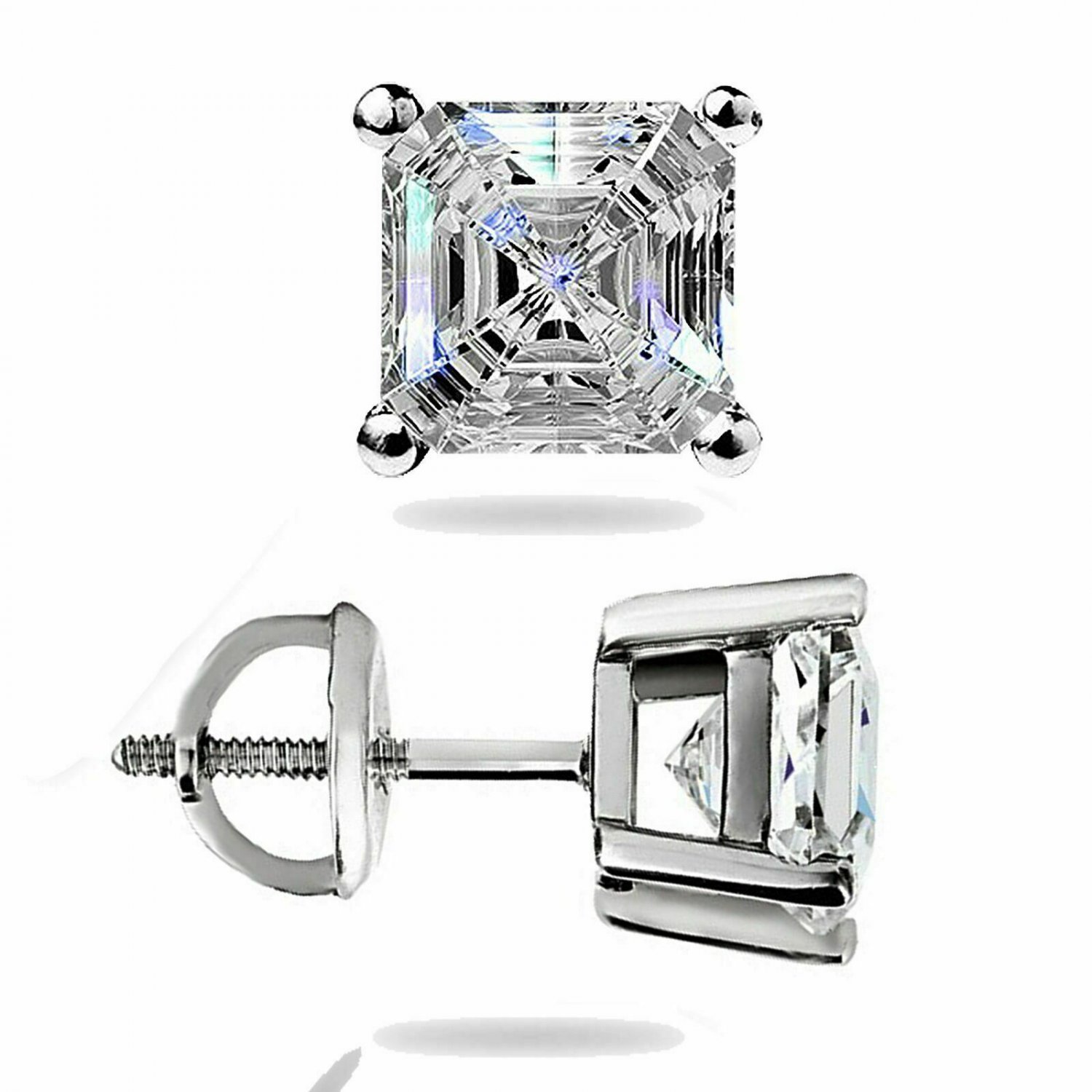 14K White Gold 1.46CT Asscher Cut Solitaire Lab Screw Back Pierced Stud Earrings