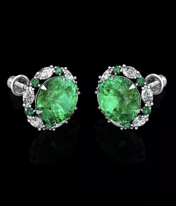 2.00CT Green Emerald Halo Marquise Created Diamond Stud Earrings 14k White Gold