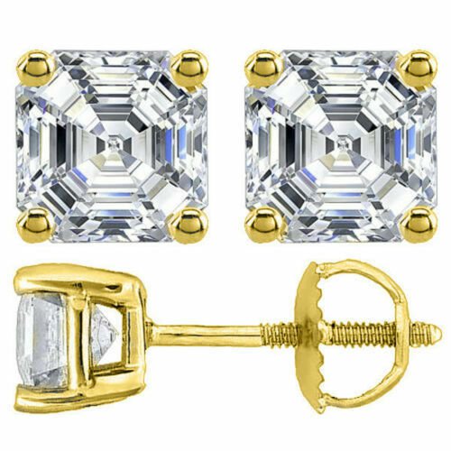 14K YELLOW GOLD 3.00CT ASSCHER CUT SCREW BACK STUD EARRINGS