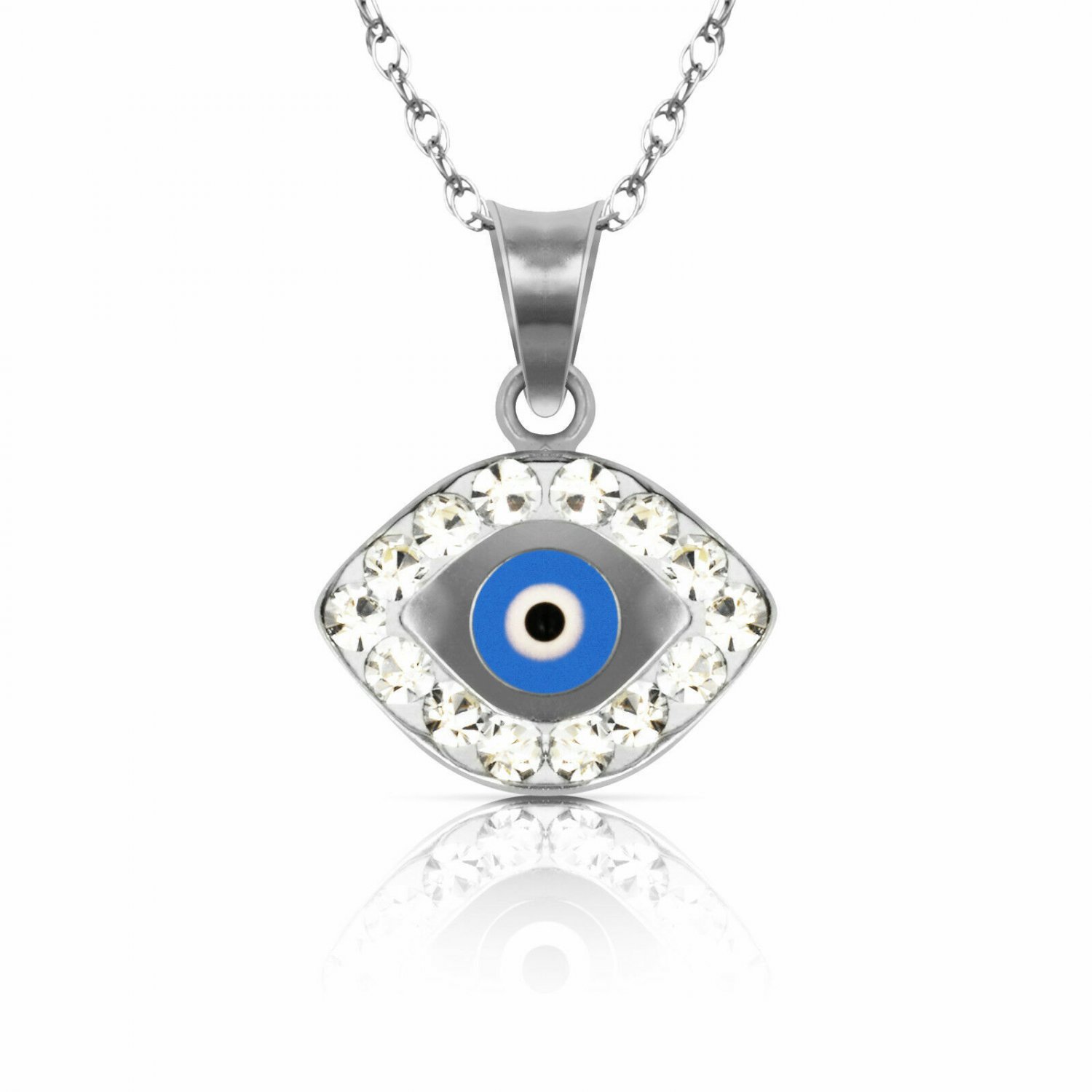 14K White Gold 18" Blue Evil Eye Greek Charm Kabbalah Pendant Necklace w/Chain