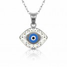 14K White Gold 18" Blue Evil Eye Greek Charm Kabbalah Pendant Necklace w/Chain
