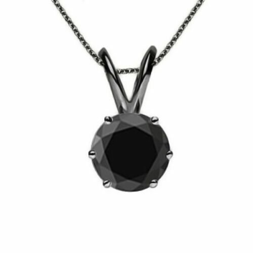 14K Black Gold 2CT 20" Natural Black Diamond 6 Prong Solitaire Necklace Chain