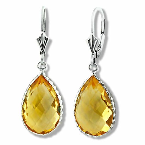 14K WHITE GOLD Covered 925 Silver Natural Dangling Pear Drop Leaverback Earrings