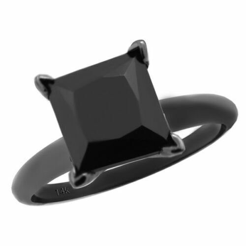 14K Black Gold 1.40CT  Princess Cut Black Diamond Solitaire Engagement Ring
