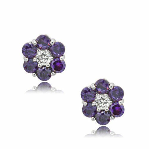 February Gemstone Flower Children's & Adult Stud Earrings 925 Sterling Silver