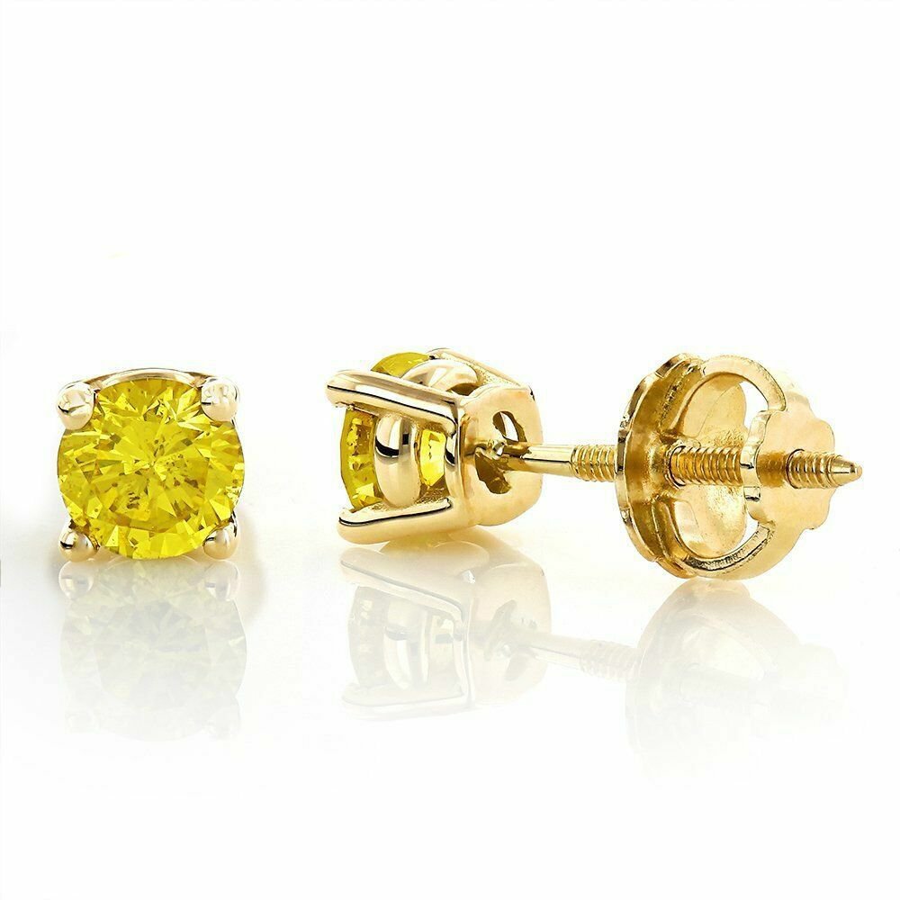 1.25CT Round Canary Yellow Solid 14K Yellow Gold Stud ScrewBack Earrings