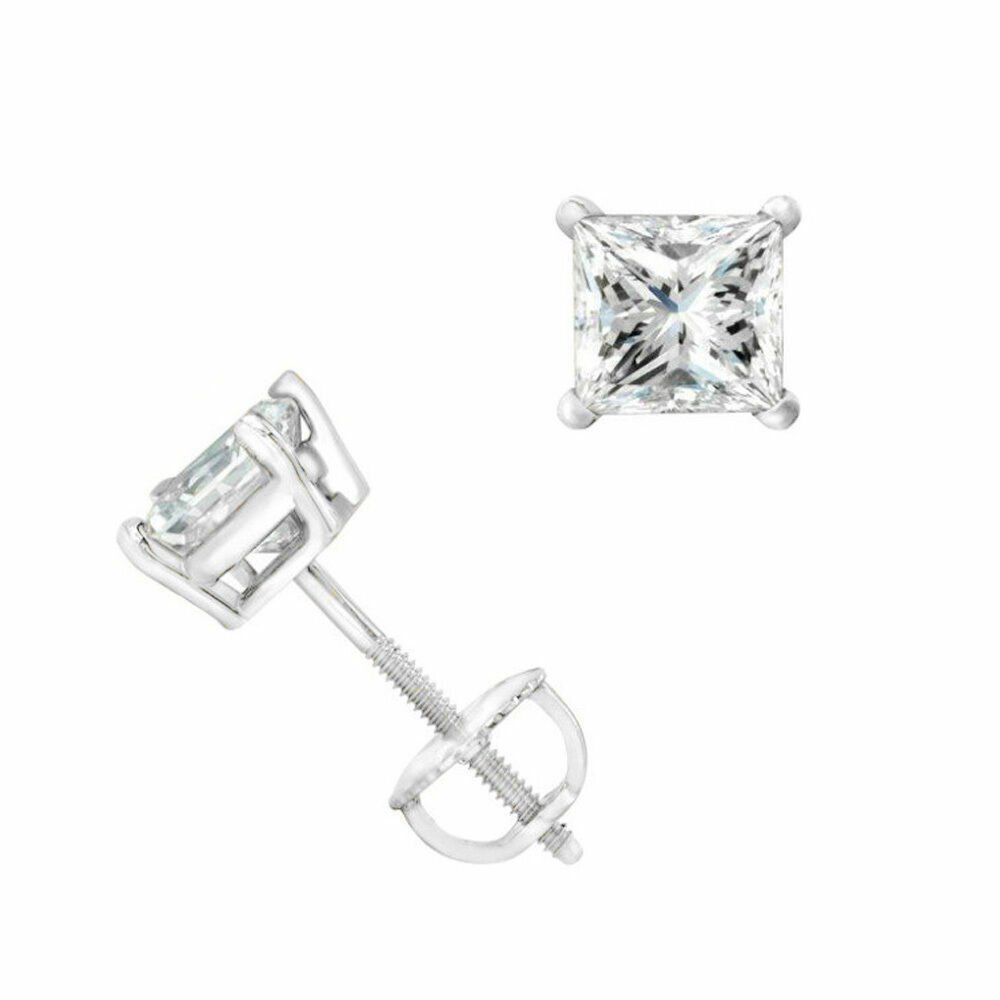 14K WHITE Gold 0.90CT Princess Cut Moissanite Charles & Colvard Stud Earrings