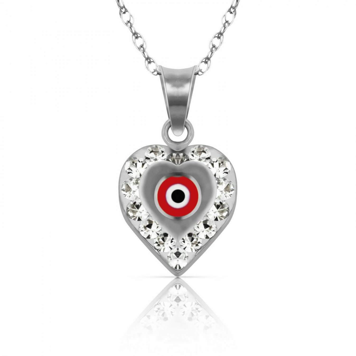 14K White Gold 18" Red Evil Eye Greek Charm Kabbalah Pendant Necklace w/Chain
