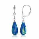 14K White Gold Tear Drop Shaped Dark Blue Fire Opal Lever Back Dangle Earrings