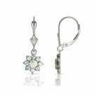 14K Gold1CT White Sapphire& Aquamarine Flower Cluster Dangle Leverback Earrings