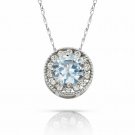14K W Gold 1.90CT 18"  White Sapphire & Aquamarine  Halo Charm Pendant w/Chain