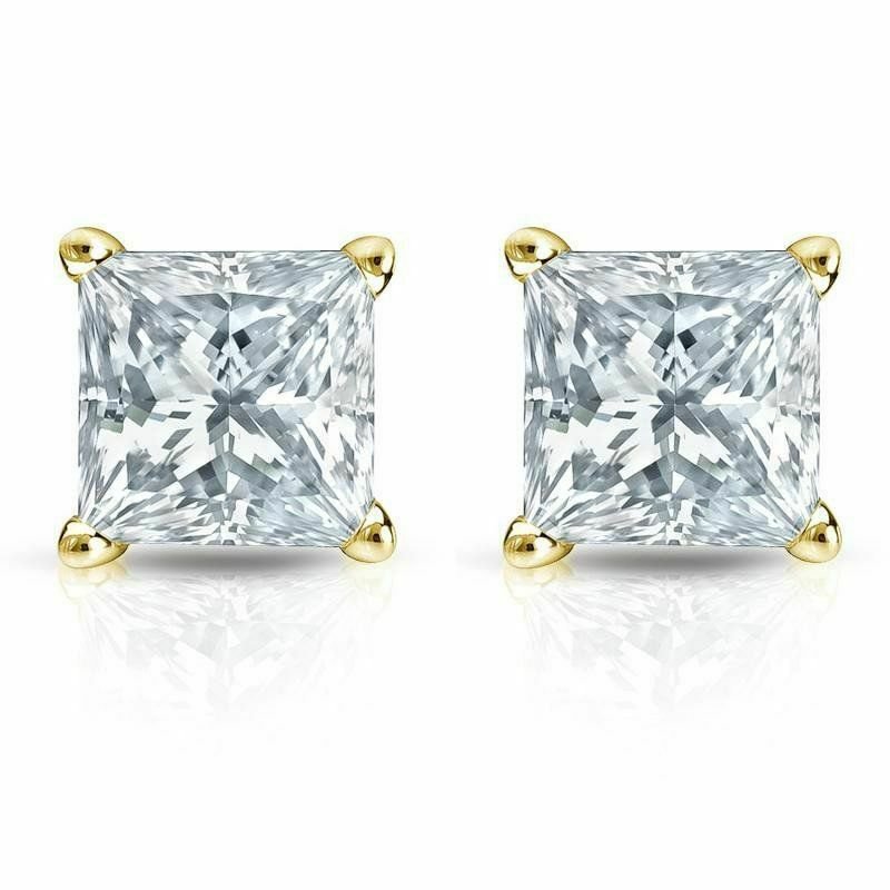 14K YellowGold 0.80CT Princess Cut Genuine G/I1 Diamonds SCREWBACK Stud Earrings